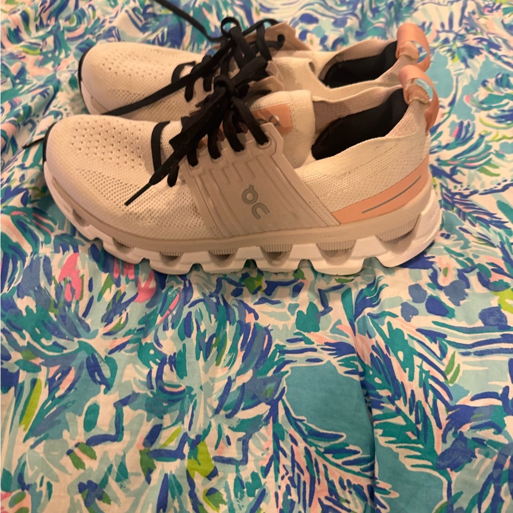 On Running Cream and Pink Athletic Shoes with Suede Upper